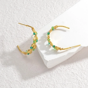 Orecchini A Cerchio In Acciaio Inossidable A Forma Di C Con Design A Foglia E Perline Verdi Placcati Oro