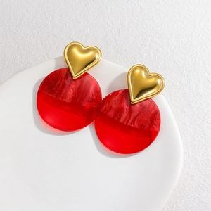 Orecchini A Goccia A Cuore In Acciaio Inossidabile Con Grande Pendente Tondo In Resina Trama Marmo Gioielli Vintage Francesi Per Donna