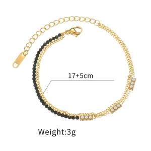 Bracciale a doppio strato in acciaio inossidabile dorato con perline nere e perle, 17+5cm