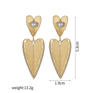 Golden heart earrings with pearls and crystals shown with size and weight specs