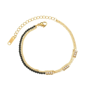 Bracciale a doppio strato in oro con perle nere e perle bianche in acciaio inox