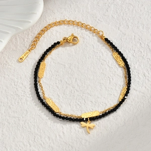 Edelstahl Zweilagiges Armband Schwarze Perlenkette Libelle Anhänger Gehämmerte Metallplatten Minimalistischer Ins Stil Damen Schmuck