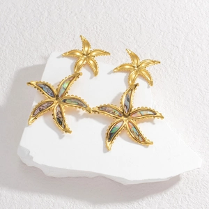 Tropical style double starfish drop earrings with iridescent abalone shell in gold finish