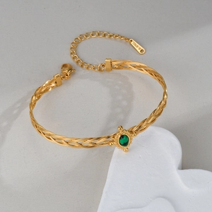 Bracelet vintage français en acier inoxydable doré 18K avec pierre de malachite verte