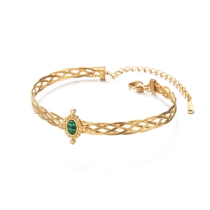 Bracelet vintage français en acier inoxydable doré 18K avec pierre de malachite ovale