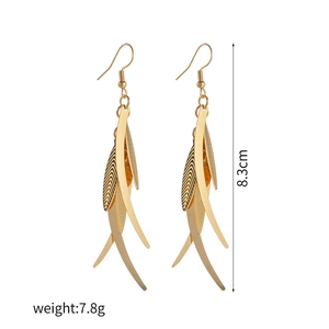 Golden stainless steel leaf tassel earrings featuring a geometric fringe design and 8.3cm drop