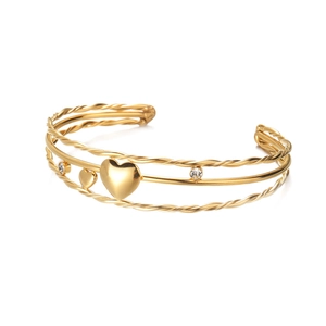 Gold-plated stainless steel layered open cuff bangle with hollow heart charm and zircons