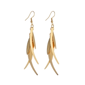 Minimalist stainless steel gold leaf tassel earrings with geometric layered design