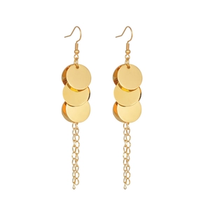 Elegant gold stainless steel earrings with triple round plates and long tassel chains