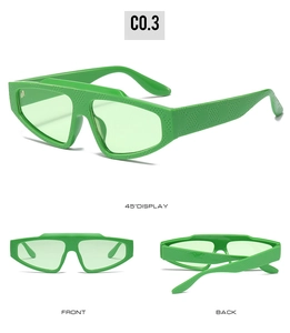 Detailed multi-angle view of futuristic neon green textured sunglasses with punk style