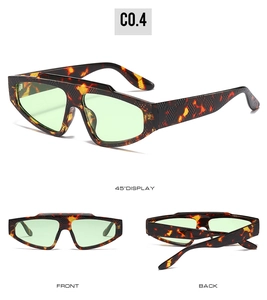 Detailed views of irregular tortoiseshell sunglasses with light green lenses from multiple angles