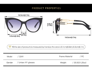 Detailed size chart for cat eye sunglasses with gradient lenses and gold metal temples