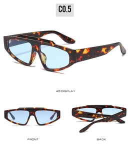 Detailed views of retro tortoiseshell sunglasses with textured frame and blue lenses