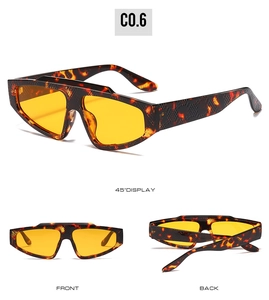 Detailed views of irregular tortoiseshell sunglasses with orange lenses from multiple angles