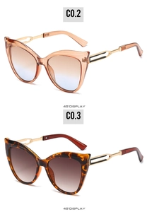 Detail of cat eye sunglasses with tortoise frames and golden hollow metal temples