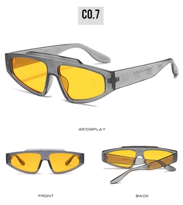 Detail view of translucent grey textured sunglasses with bright yellow lenses in multiple angles