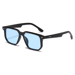 Square black sunglasses with blue tinted lenses and stylish metal decorative rivets