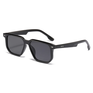 Square black sunglasses with silver arrow rivets and dark grey lenses for men and women