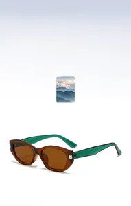 Détail de lunettes de soleil œil-de-chat vintage avec monture ambre et branches vertes