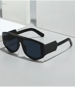 Detailed macro view of geometric oversized black sunglasses with wide temple design