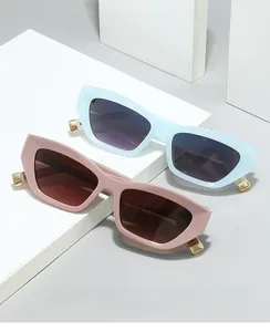 Close-up of cat-eye sunglasses featuring elegant gold metal hinge accents on the frame