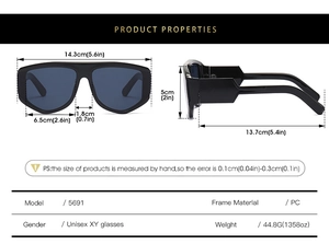 Detailed size chart for oversized black sunglasses showing frame dimensions and weight