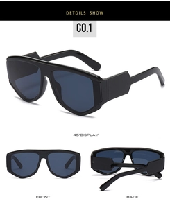 Three-way view of oversized black fashion sunglasses with gradient lenses and thick frame