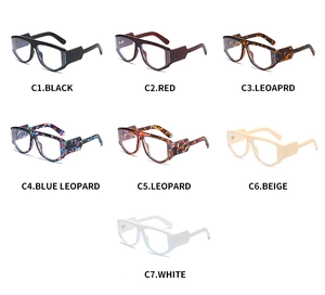 Detailed view of large square frame glasses in seven stylish colors and diverse patterns