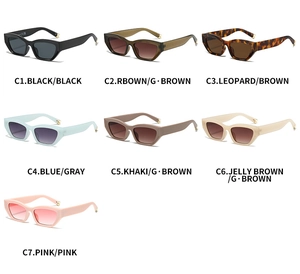 Detailed grid of cat-eye sunglasses showcasing seven trendy frame color variations