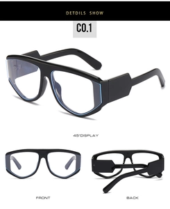 Detail view of large frame glasses showing front, back, and 45-degree angle with blue edges