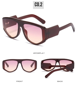 Three-view display showing front, back, and 45-degree angle of oversized red sunglasses