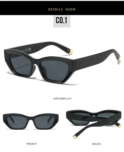 Detailed multi-angle views of black cat-eye sunglasses with gold temple tips