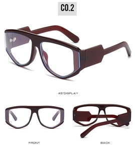 Fashionable oversized wine red eyewear with geometric frames shown from multiple angles