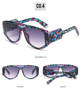 Three-view detail of colorful patterned sunglasses with gradient lenses and geometric arms