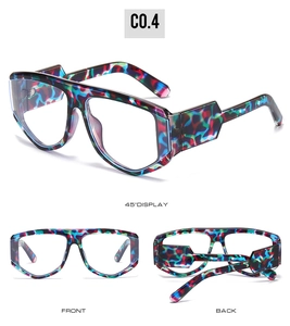 Three perspectives of oversized glasses with colorful irregular texture and blue light filter