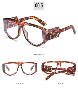Three-view display of geometric oversized glasses frames with colorful oil painting texture