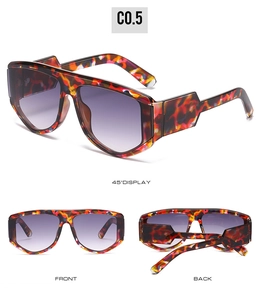Three-view display of oversized geometric sunglasses with colorful tortoise frames and purple lenses