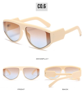 Detailed views of cream oversized visor sunglasses with brown to blue gradient lenses