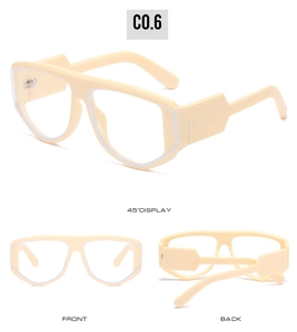 Detailed views of beige oversized fashion glasses with thick temples and anti-blue light lens