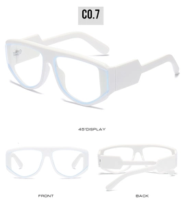Three-view display showing white oversized frames with blue light blocking lenses