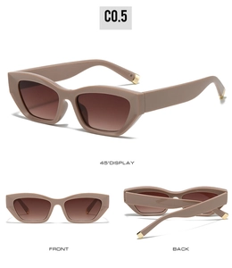 Three-view display of retro cat-eye sunglasses in khaki with gradient lenses