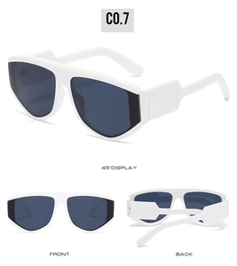 Three-view display of white oversized fashion sunglasses showing front, back, and 45-degree angle