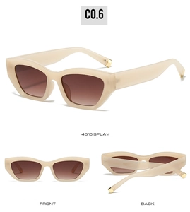 Three views of beige cateye sunglasses with gradient lenses and gold temple accents