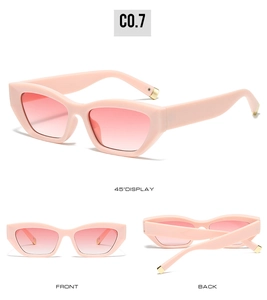 Pink cat-eye sunglasses for women with gold metal tips and gradient lenses shown in three views