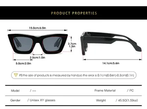 Detailed size guide for retro cat-eye sunglasses including dimensions and PC frame specs