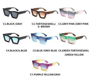 Detailed grid of oversized square sunglasses showing seven vibrant color variants