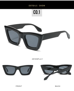 Detailed views of thick retro square sunglasses with dark lenses from multiple angles