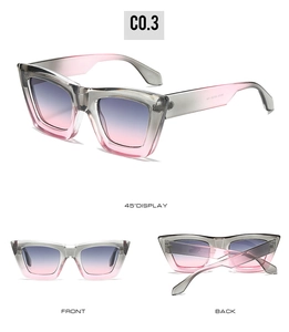Detailed views of gradient square frame sunglasses with blue-purple lenses and clear gray frame