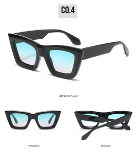 Detailed views of retro square sunglasses with light blue gradient lenses and black frames