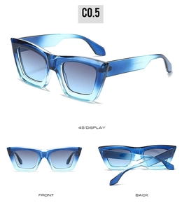 Detailed multi-angle views of blue gradient square sunglasses with transparent frames